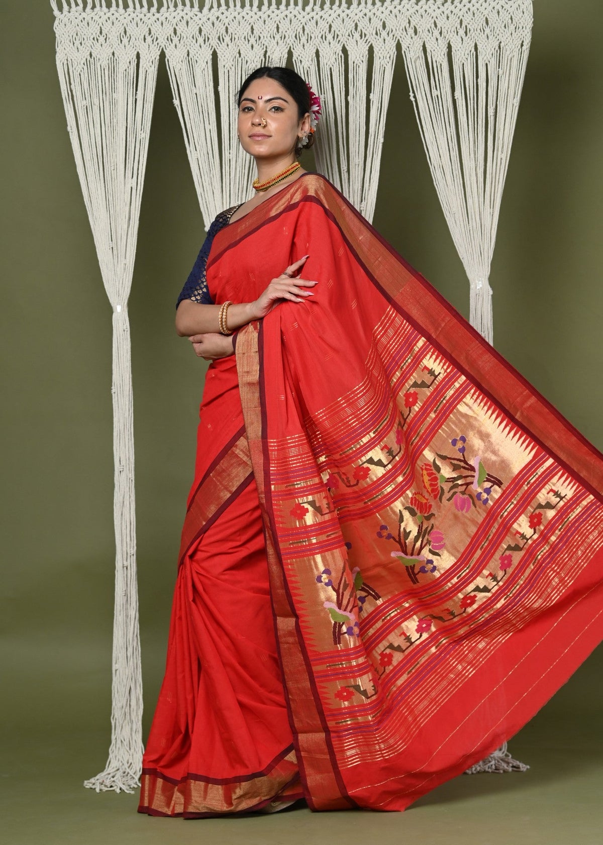 EXCLUSIVE! Handloom Pure Cotton Paithani With Asawali Pallu~ Bright Red - verymuchindian.com