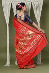 EXCLUSIVE! Handloom Pure Cotton Paithani With Asawali Pallu~ Bright Red - verymuchindian.com