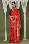 EXCLUSIVE! Handloom Pure Cotton Paithani With Asawali Pallu~ Bright Red - verymuchindian.com