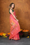EXCLUSIVE! Handloom Pure Cotton Paithani With Asawali Pallu~ Pink Peach - verymuchindian.com