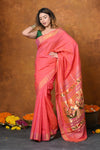 EXCLUSIVE! Handloom Pure Cotton Paithani With Asawali Pallu~ Pink Peach - verymuchindian.com