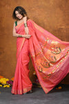 EXCLUSIVE! Handloom Pure Cotton Paithani With Asawali Pallu~ Pink Peach - verymuchindian.com