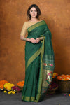 EXCLUSIVE! Handloom Pure Cotton Paithani With Asawali Pallu~Dark Green - verymuchindian.com