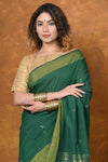 EXCLUSIVE! Handloom Pure Cotton Paithani With Asawali Pallu~Dark Green - verymuchindian.com