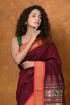 EXCLUSIVE! Handloom Pure Cotton Paithani With Asawali Pallu~Dark Maroon - verymuchindian.com