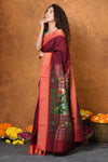 EXCLUSIVE! Handloom Pure Cotton Paithani With Asawali Pallu~Dark Maroon - verymuchindian.com