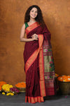 EXCLUSIVE! Handloom Pure Cotton Paithani With Asawali Pallu~Dark Maroon - verymuchindian.com