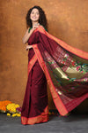EXCLUSIVE! Handloom Pure Cotton Paithani With Asawali Pallu~Dark Maroon - verymuchindian.com
