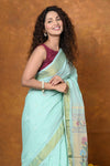 EXCLUSIVE! Handloom Pure Cotton Paithani With Asawali Pallu~Light Blue - verymuchindian.com