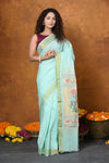 EXCLUSIVE! Handloom Pure Cotton Paithani With Asawali Pallu~Light Blue - verymuchindian.com