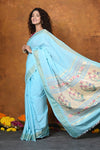 EXCLUSIVE! Handloom Pure Cotton Paithani With Asawali Pallu~Sky Blue - verymuchindian.com
