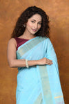 EXCLUSIVE! Handloom Pure Cotton Paithani With Asawali Pallu~Sky Blue - verymuchindian.com