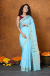 EXCLUSIVE! Handloom Pure Cotton Paithani With Asawali Pallu~Sky Blue - verymuchindian.com