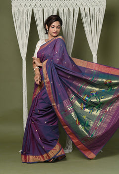 EXCLUSIVE! Handloom Pure Cotton Paithani With Lotus Pallu~ Dark Violet - verymuchindian.com