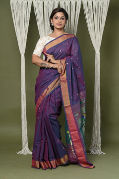 EXCLUSIVE! Handloom Pure Cotton Paithani With Lotus Pallu~ Dark Violet - verymuchindian.com