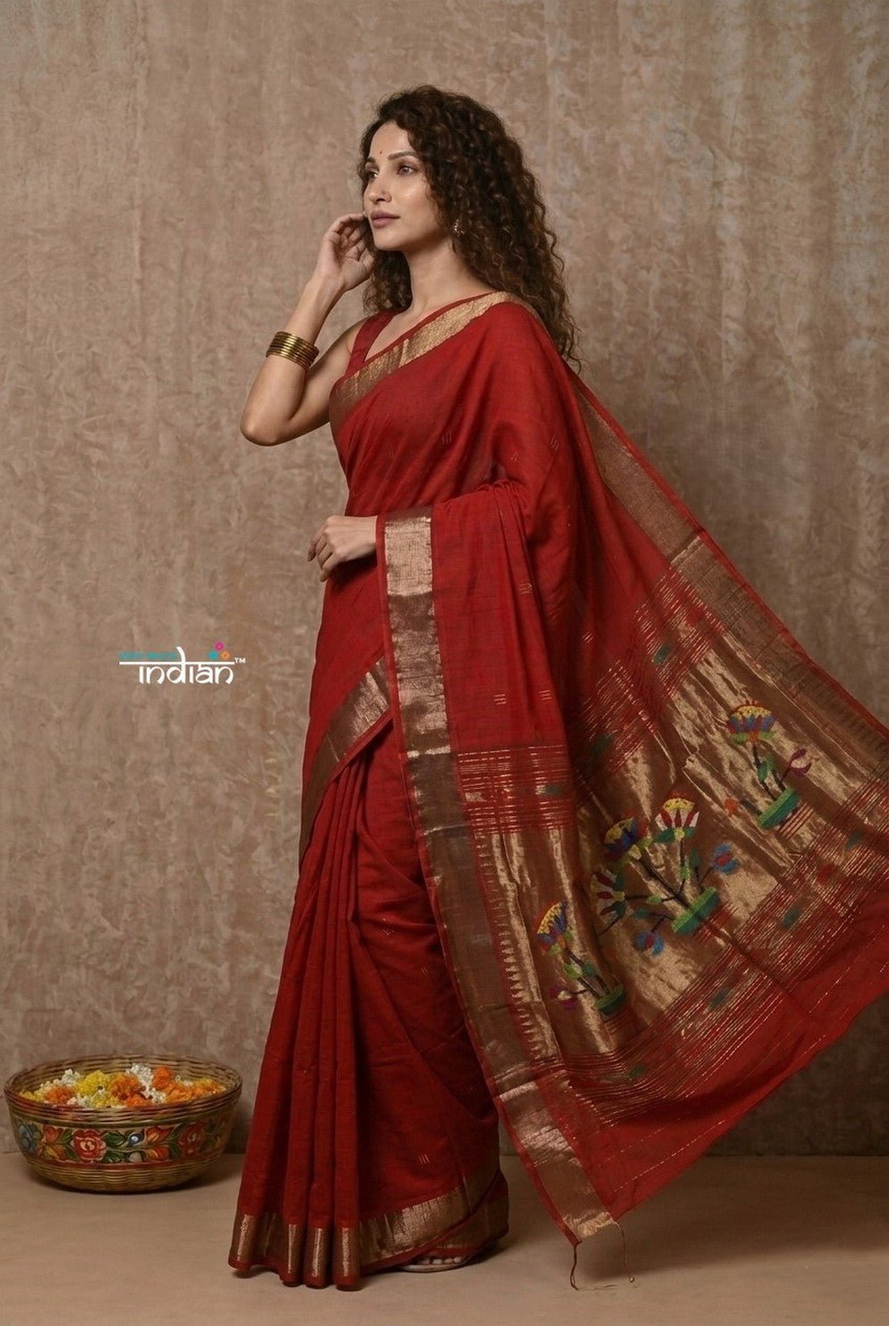 EXCLUSIVE! Handloom Pure Cotton Paithani With Lotus Pallu~ Maroon - verymuchindian.com