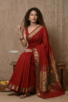 EXCLUSIVE! Handloom Pure Cotton Paithani With Lotus Pallu~ Maroon - verymuchindian.com