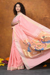 EXCLUSIVE! Handloom Pure Cotton Paithani With Peacock Pallu~ Fresh Peach - verymuchindian.com