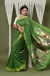 EXCLUSIVE! Handloom Pure Cotton Paithani With Peacock Pallu~Blade Green - verymuchindian.com