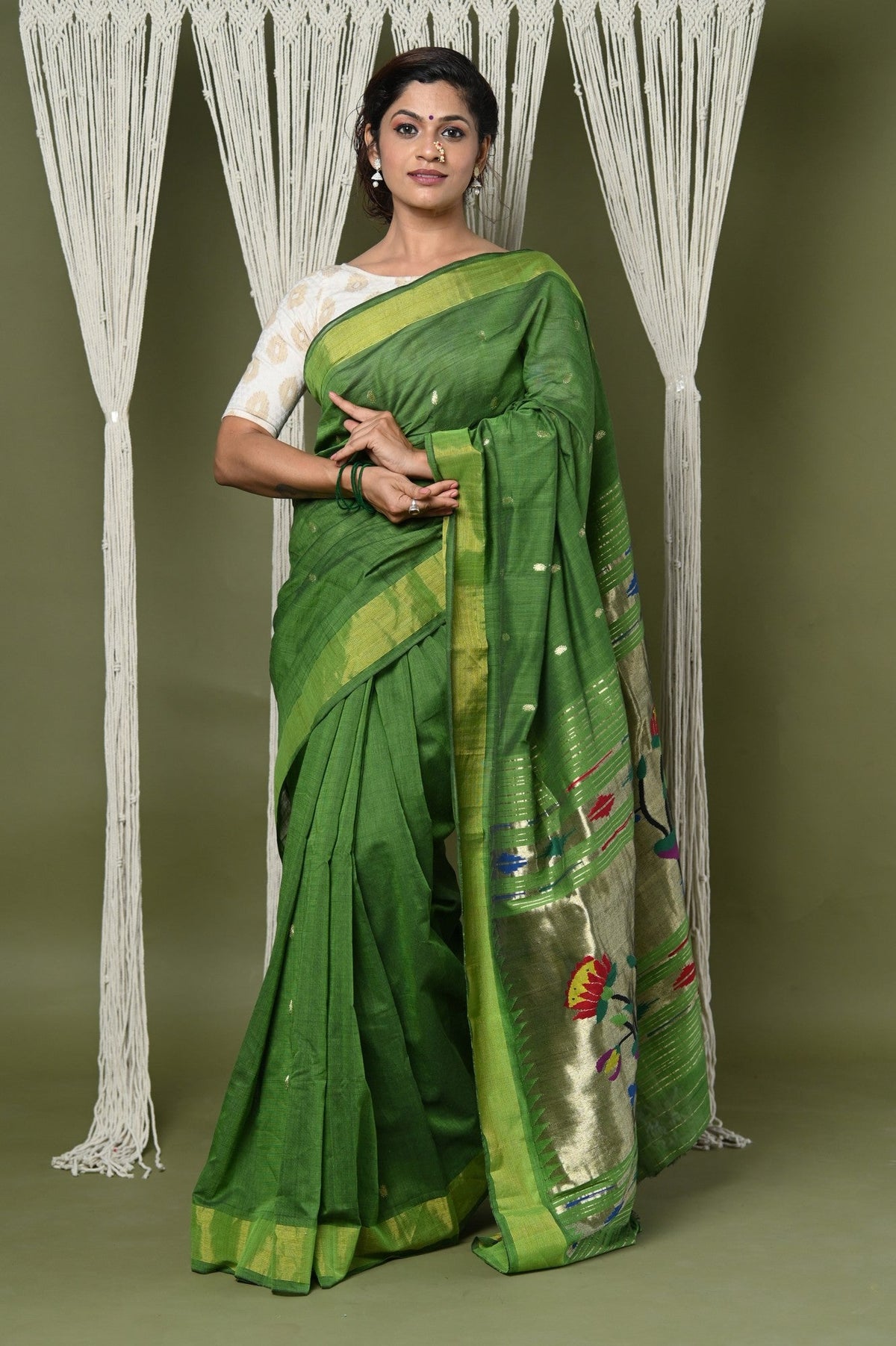 EXCLUSIVE! Handloom Pure Cotton Paithani With Peacock Pallu~Blade Green - verymuchindian.com