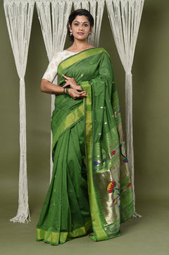 EXCLUSIVE! Handloom Pure Cotton Paithani With Peacock Pallu~Blade Green - verymuchindian.com