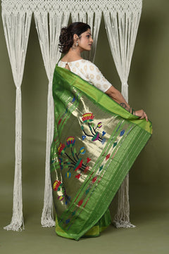 EXCLUSIVE! Handloom Pure Cotton Paithani With Peacock Pallu~Blade Green - verymuchindian.com