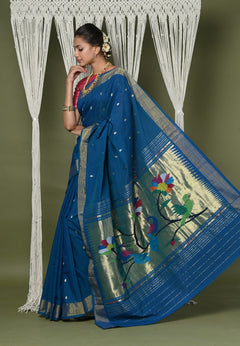 EXCLUSIVE! Handloom Pure Cotton Paithani With Peacock Pallu~Teal Blue - verymuchindian.com