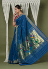 EXCLUSIVE! Handloom Pure Cotton Paithani With Peacock Pallu~Teal Blue - verymuchindian.com