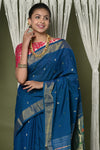 EXCLUSIVE! Handloom Pure Cotton Paithani With Peacock Pallu~Teal Blue - verymuchindian.com
