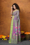 EXCLUSIVE! Handloom Pure Cotton Paithani With Traditional Asawali Pallu~Dual Tone Green & Pink - verymuchindian.com