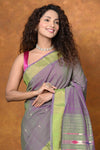 EXCLUSIVE! Handloom Pure Cotton Paithani With Traditional Asawali Pallu~Dual Tone Green & Pink - verymuchindian.com