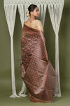 Exclusive High Quality Handloom Banarasi Cotton Saree with Beautiful Abstract Print ~ Brown - verymuchindian.com