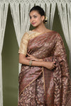 Exclusive High Quality Handloom Banarasi Cotton Saree with Beautiful Abstract Print ~ Brown - verymuchindian.com