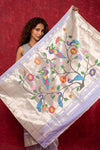 Exclusive Muniya Border - Authentic Handloom Pure Silk Muniya Border Paithani With Tissue Lines and Grand Peacock Pallu ~ Lilac - verymuchindian.com