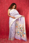 Exclusive Muniya Border - Authentic Handloom Pure Silk Muniya Border Paithani With Tissue Lines and Grand Peacock Pallu ~ Lilac - verymuchindian.com