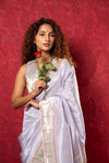 Exclusive Muniya Border - Authentic Handloom Pure Silk Muniya Border Paithani With Tissue Lines and Grand Peacock Pallu ~ Lilac - verymuchindian.com