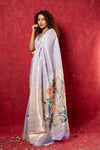 Exclusive Muniya Border - Authentic Handloom Pure Silk Muniya Border Paithani With Tissue Lines and Grand Peacock Pallu ~ Lilac - verymuchindian.com