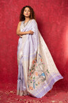 Exclusive Muniya Border - Authentic Handloom Pure Silk Muniya Border Paithani With Tissue Lines and Grand Peacock Pallu ~ Lilac - verymuchindian.com
