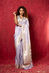 Exclusive Muniya Border - Authentic Handloom Pure Silk Muniya Border Paithani With Tissue Lines and Grand Peacock Pallu ~ Lilac - verymuchindian.com