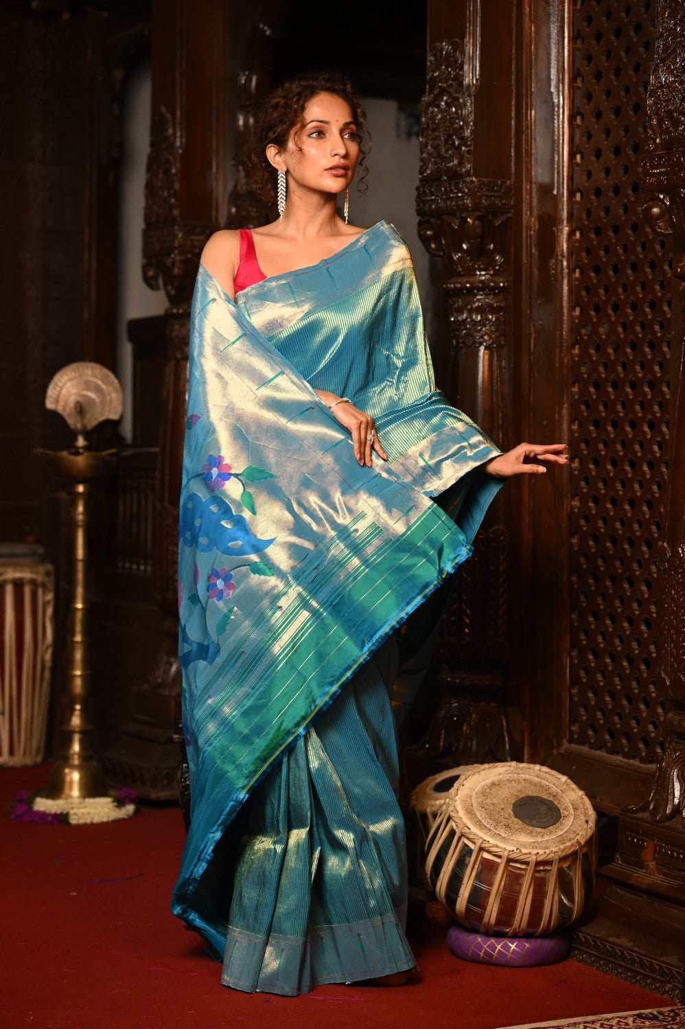 Exclusive Premium ! Mahalakshmi ~ Handloom Pure Silk Muniya Border Tissue Paithani with Peacock Pallu in Azure Blue - verymuchindian.com