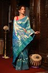 Exclusive Premium ! Mahalakshmi ~ Handloom Pure Silk Muniya Border Tissue Paithani with Peacock Pallu in Azure Blue - verymuchindian.com