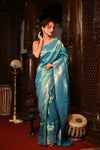 Exclusive Premium ! Mahalakshmi ~ Handloom Pure Silk Muniya Border Tissue Paithani with Peacock Pallu in Azure Blue - verymuchindian.com