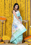 Exclusive Premium ! Rajsi~Handloom Pure Silk Muniya Border Paithani with Peacock Pallu ~ Soothing Seagreen - verymuchindian.com