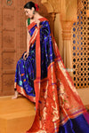 Exclusive Premium ! Shubh ~ Handloom Pure Silk Muniya Border Paithani Saree with Exclusive All Over Floral Weave in Royal Blue - verymuchindian.com