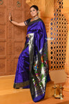 Exclusive Premium ! Shubh ~ Handloom Pure Silk Silver Zari Muniya Border Paithani Saree with Exclusive Lotus Pallu in Royal Blue - verymuchindian.com