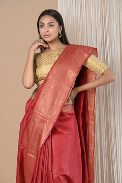 Exclusive Pure Moonga Tussar Silk Saree With Beautiful Border ~ Red - verymuchindian.com