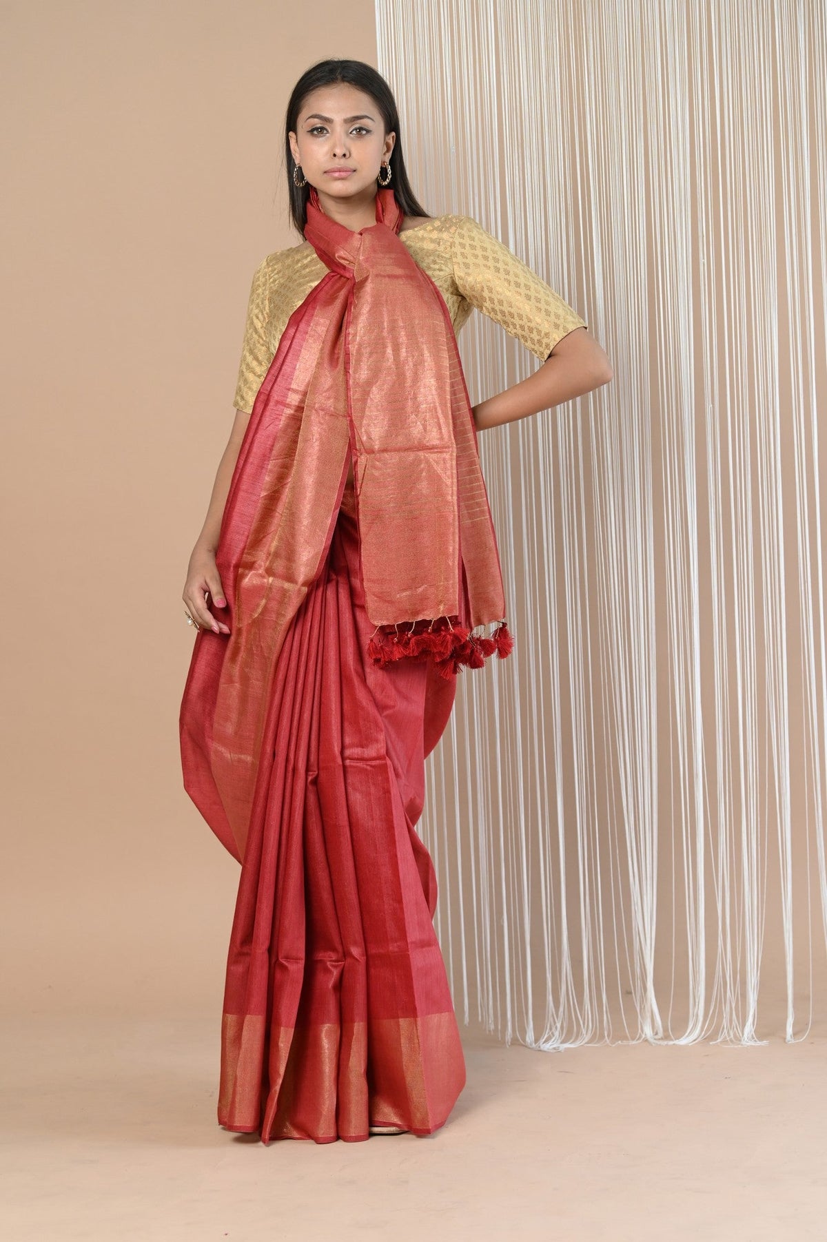 Exclusive Pure Moonga Tussar Silk Saree With Beautiful Border ~ Red - verymuchindian.com