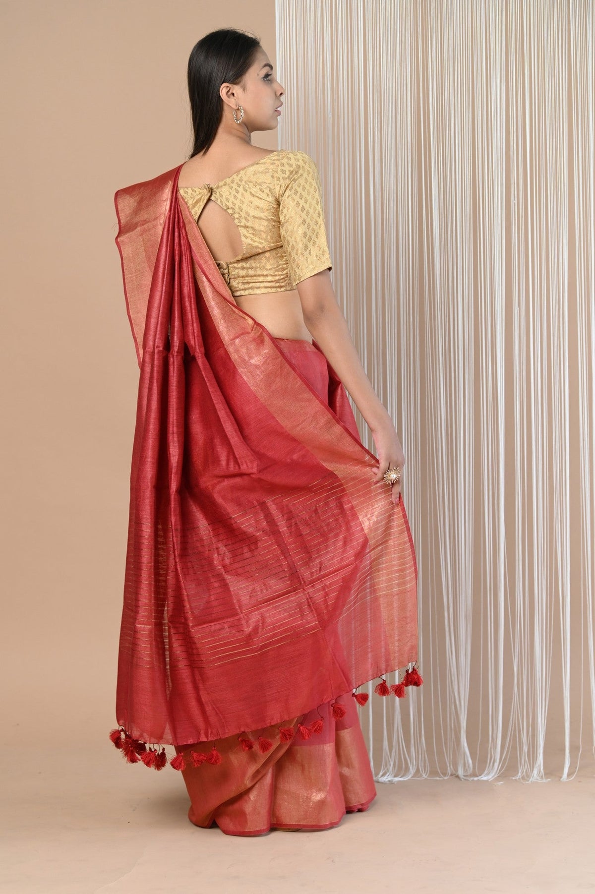 Exclusive Pure Moonga Tussar Silk Saree With Beautiful Border ~ Red - verymuchindian.com