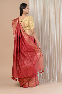 Exclusive Pure Moonga Tussar Silk Saree With Beautiful Border ~ Red - verymuchindian.com