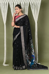 EXCLUSIVE! Silver Zari Handloom Pure Cotton Paithani with Peacock Pallu in Black - verymuchindian.com